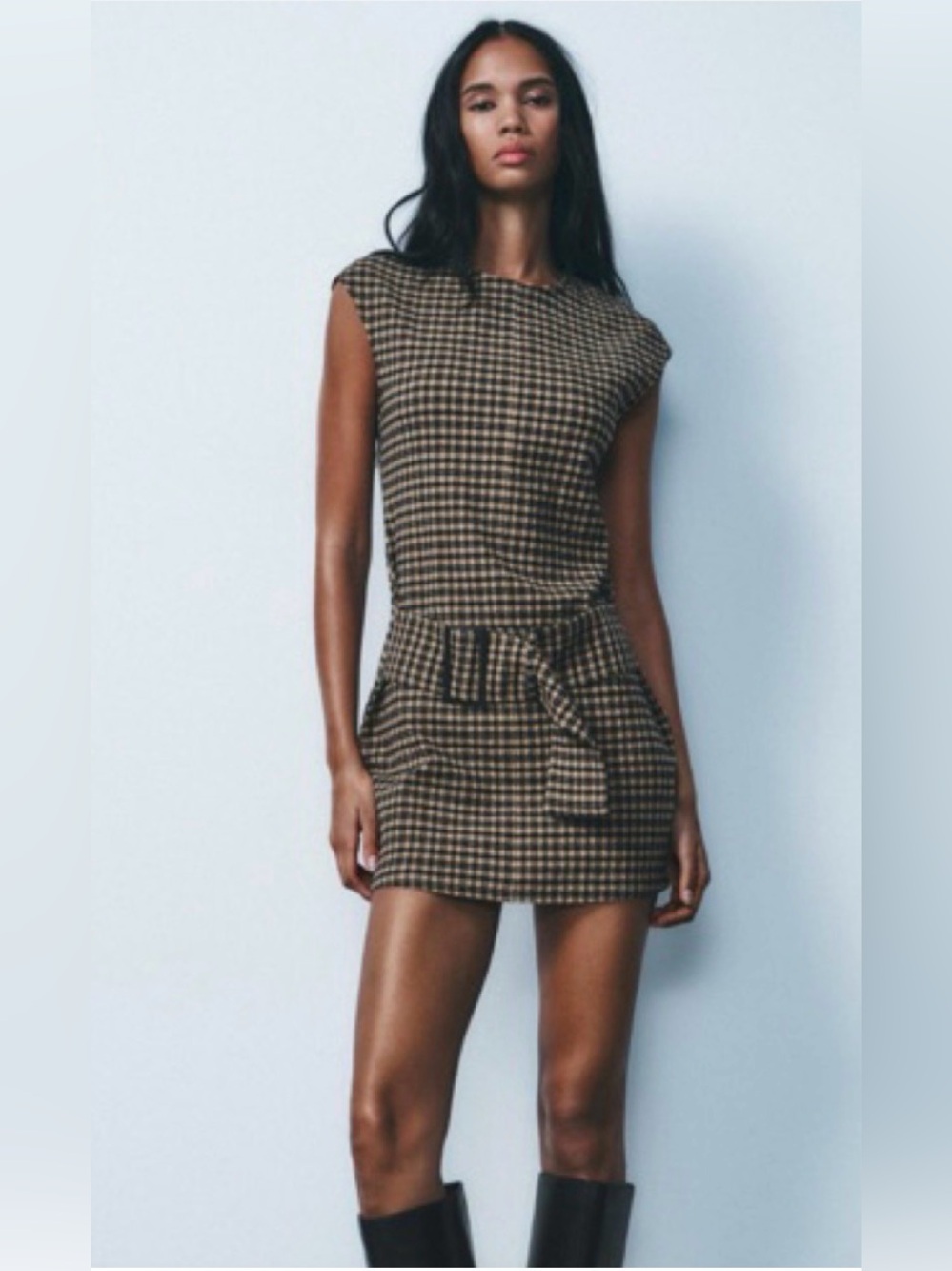 Zara Belted Sleeveless Mini Gingham Dress Women’s Size XS Cotton Brown/ Black